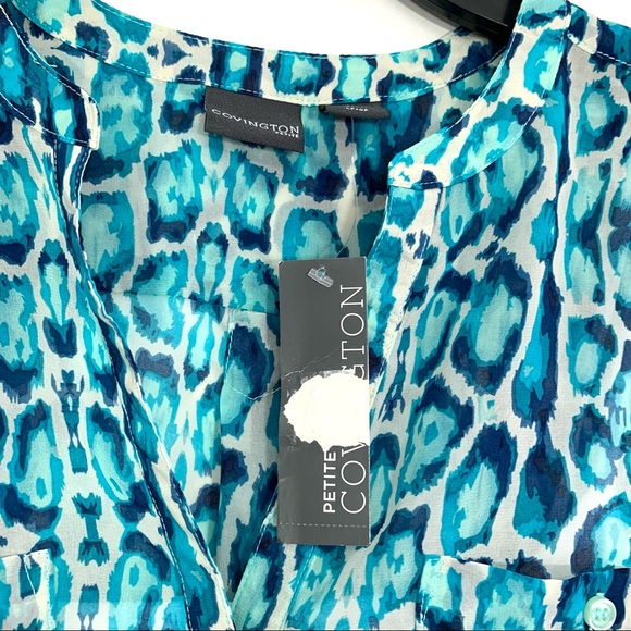 Covington Petite Women's Blue White Aqua V-Neck Button Down 3/4 Sleeve Blouse - Picture 3 of 12